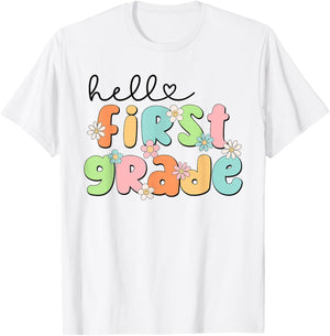 Hello 1st Grade Back to School Groovy Teacher Kids Girls T-Shirt - T-Shirt | White