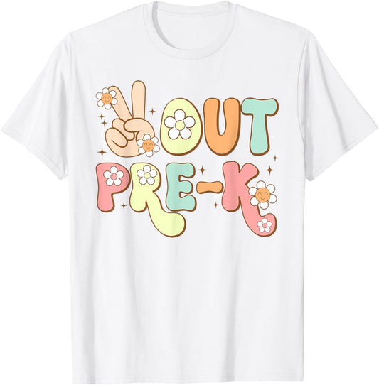 Peace Out Pre-K Funny Happy Last Day of School Groovy Retro T-Shirt - T-Shirt | White