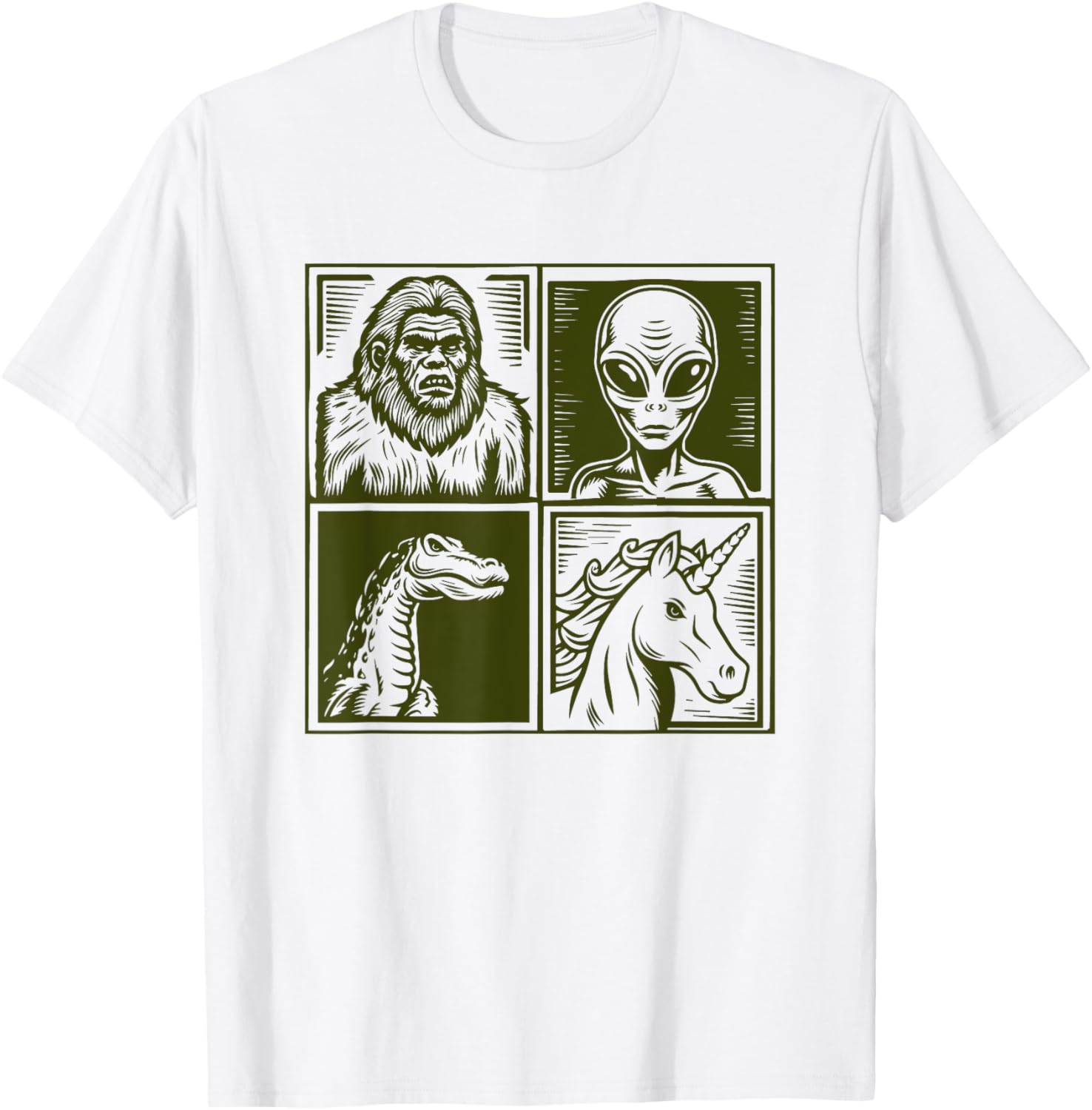 Cryptid Bigfoot Unicorn Alien Lock Ness Pop Art Style Art T-Shirt - T-Shirt | White