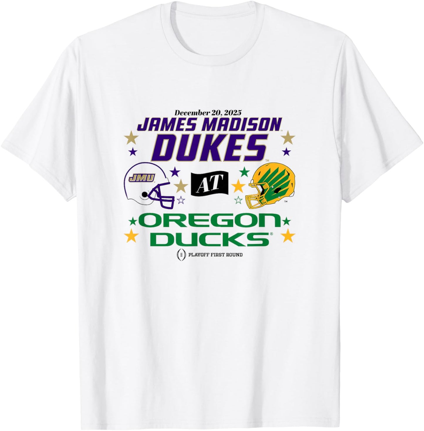 Oregon Ducks & JMU Dukes: 2025 CFP First Round Matchup T-Shirt - T-Shirt | White