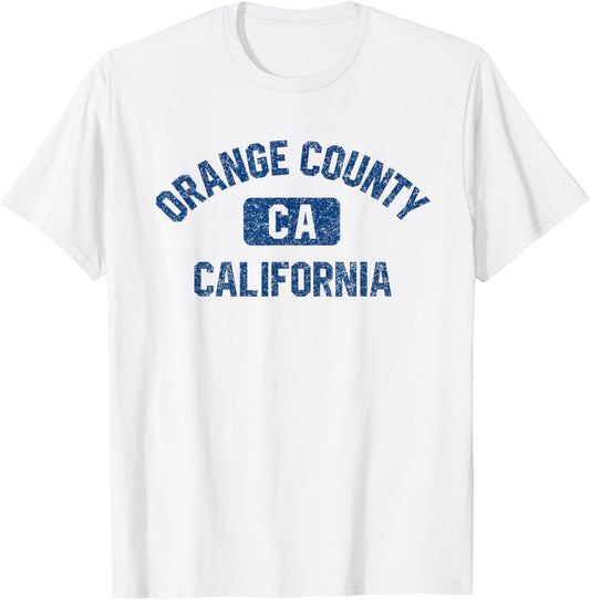 Orange County California Gym Style Distress Dark Blue Print T-Shirt - T-Shirt | White