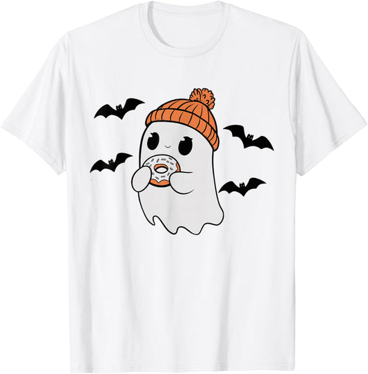 Cute Ghost Eating Donut Lovers Spooky Halloween Food Costume T-Shirt - T-Shirt | White