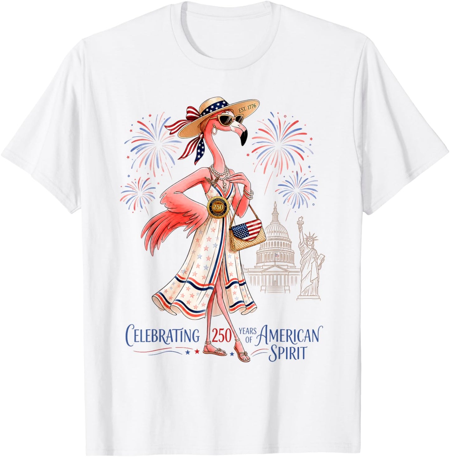 Patriotic Flamingo 250 Years American Spirit T-Shirt - T-Shirt | White