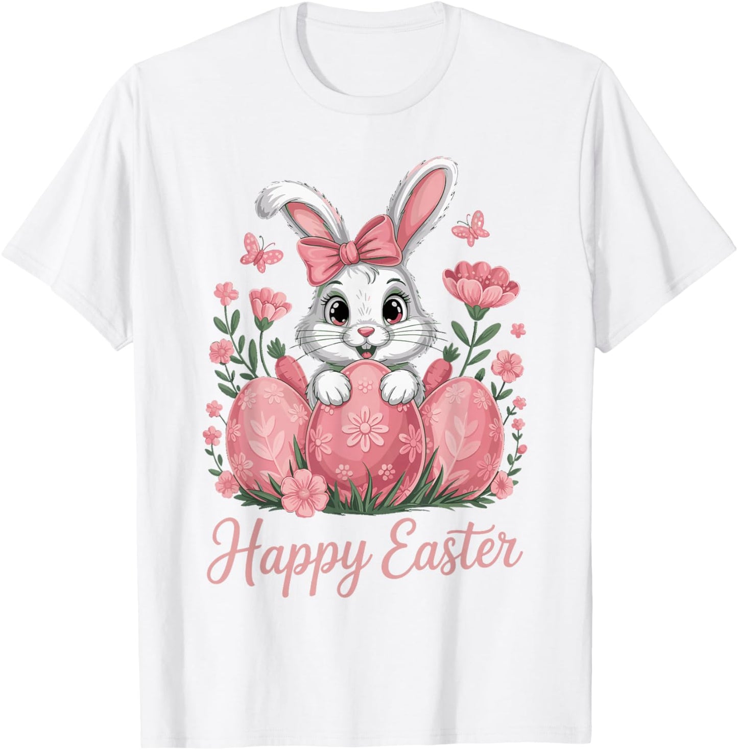 Cute Pink Bunny Eggs Flowers Happy Easter T-Shirt - T-Shirt | White