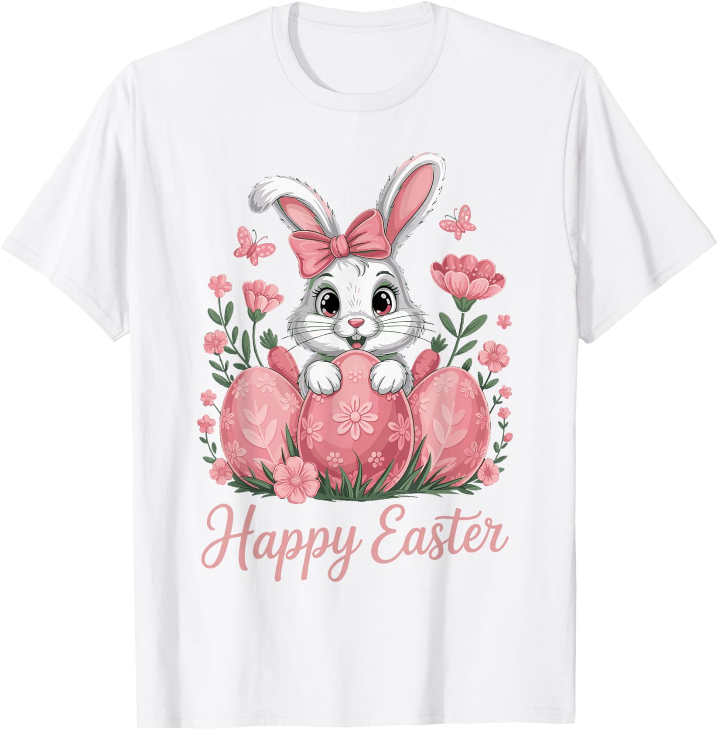 Cute Pink Bunny Eggs Flowers Happy Easter T-Shirt - T-Shirt | White