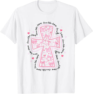 Love Like Jesus Coquette Heart Cross Christian Valentine T-Shirt - T-Shirt | White