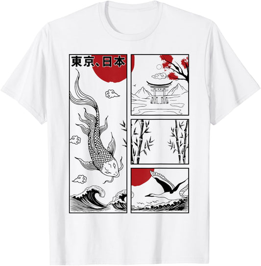 Japanese Koi Fish The Great Wave off Kanagawa Kanji Japan T-Shirt - T-Shirt | White