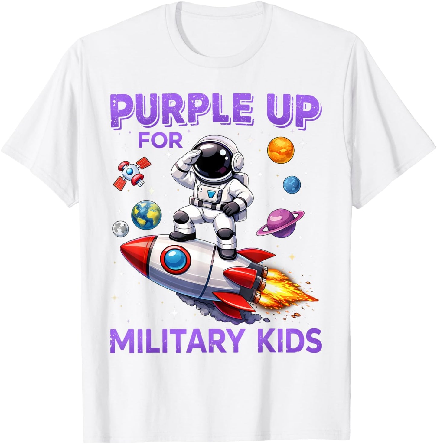 Purple Up Military Kids Military Child Month Astronaut Funny T-Shirt - T-Shirt | White