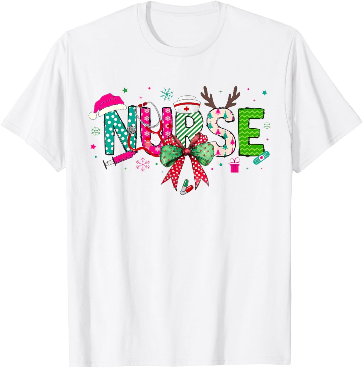 Christmas Nurse Stethoscope Xmas Coquette Bow Nursing School T-Shirt - T-Shirt | White
