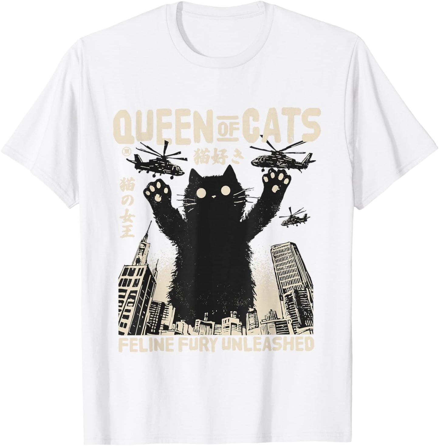 Retro Japan Aesthetic Queen Of Cats Black Monster Cat T-Shirt - T-Shirt | White
