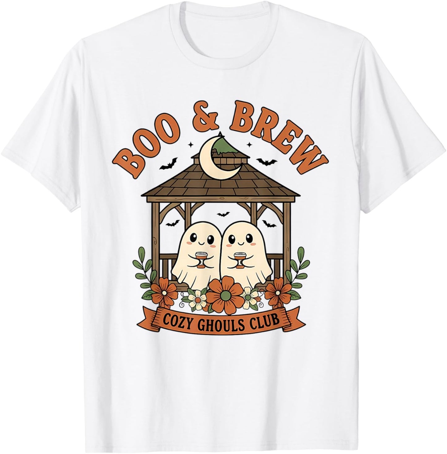 Boo & Brew Cozy Ghouls Club Cute Ghost Coffee Halloween T-Shirt - T-Shirt | White