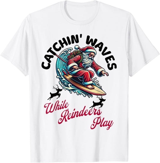 Christmas In July Surfing Santa Claus Summer Beach Vacay T-Shirt - T-Shirt | White