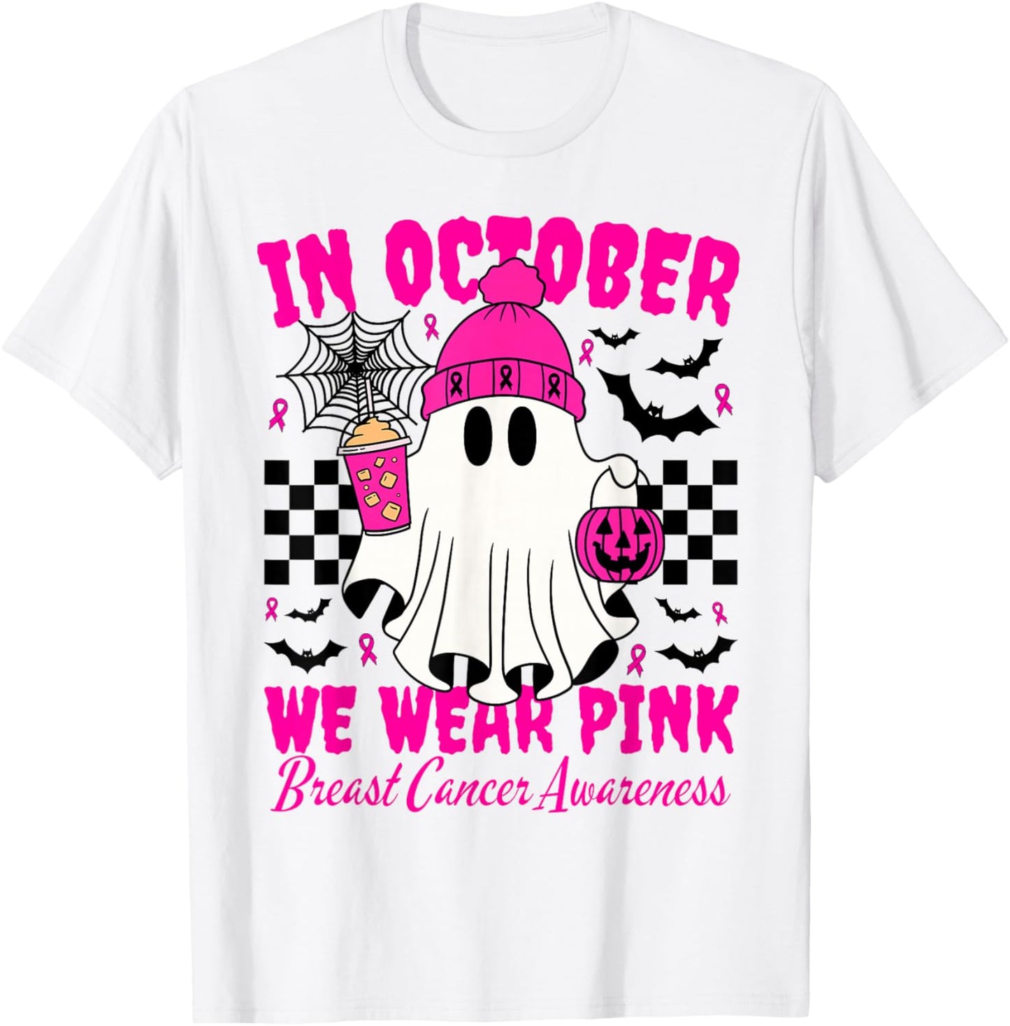 We Wear Pink in October Cute Ghost Breast Cancer Awareness T-Shirt - T-Shirt | White