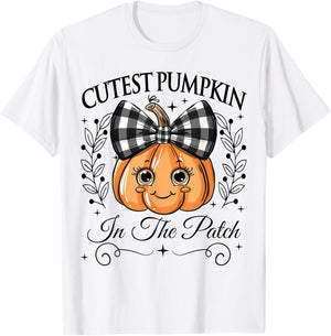 Cutest Pumpkin In The Patch Halloween Fall Bow Kids Girls T-Shirt - T-Shirt | White