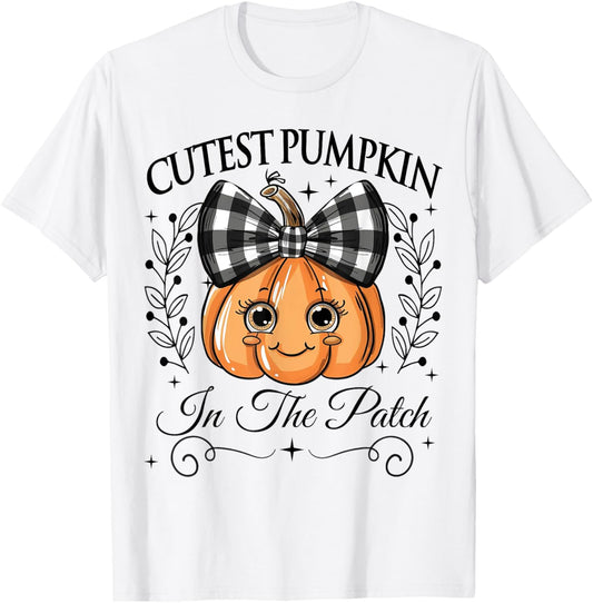 Cutest Pumpkin In The Patch Halloween Fall Bow Kids Girls T-Shirt - T-Shirt | White