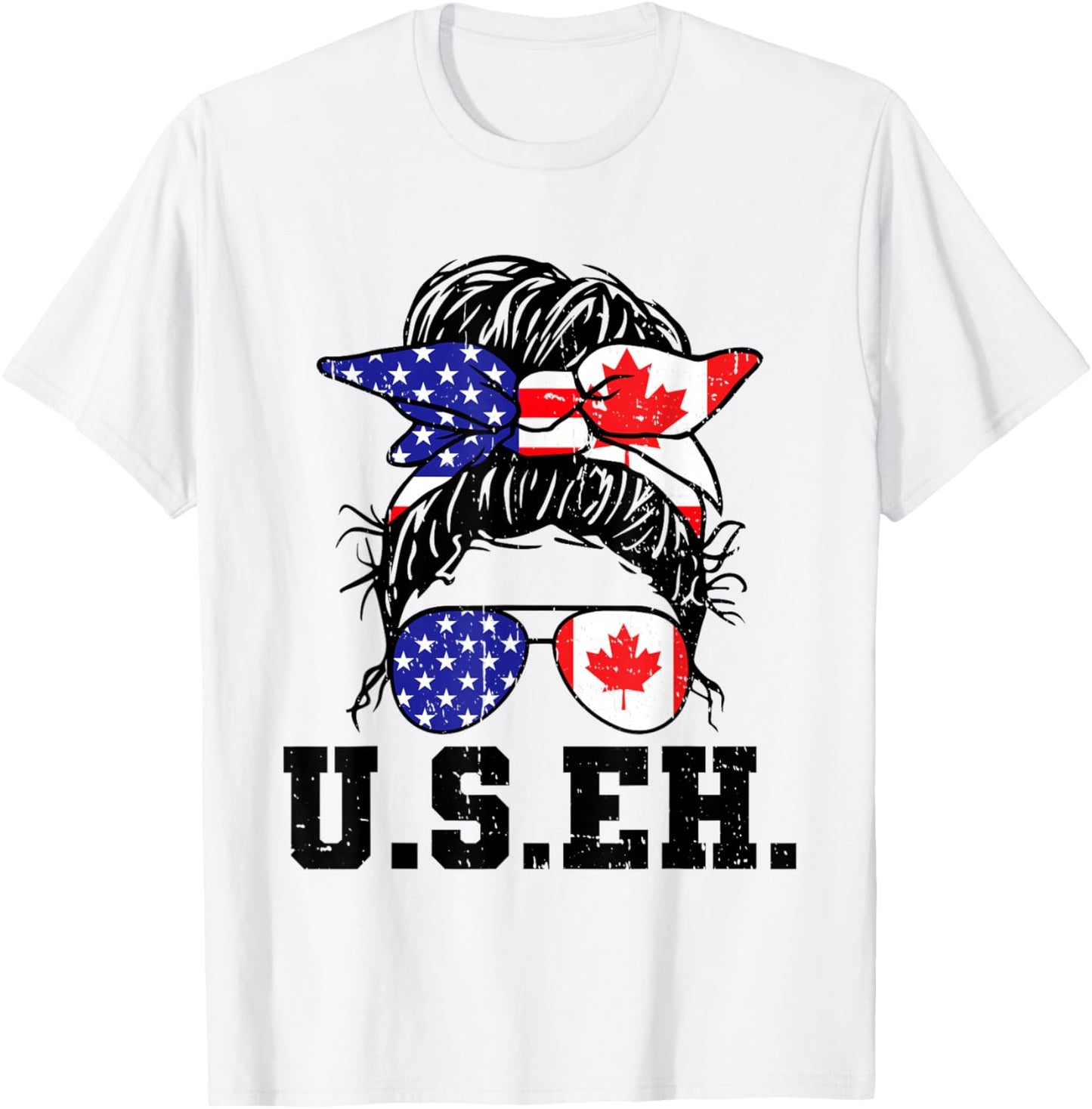 Messy Bun American Canadian Flag Sunglasses US EH Canada Day T-Shirt - T-Shirt | White