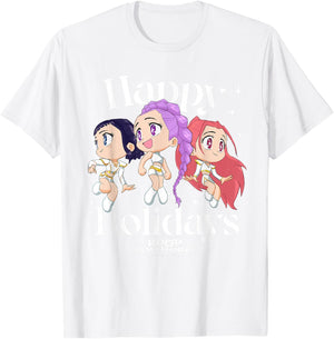 KPop Demon Hunters Huntrix Group Happy Holidays T-Shirt - T-Shirt | White