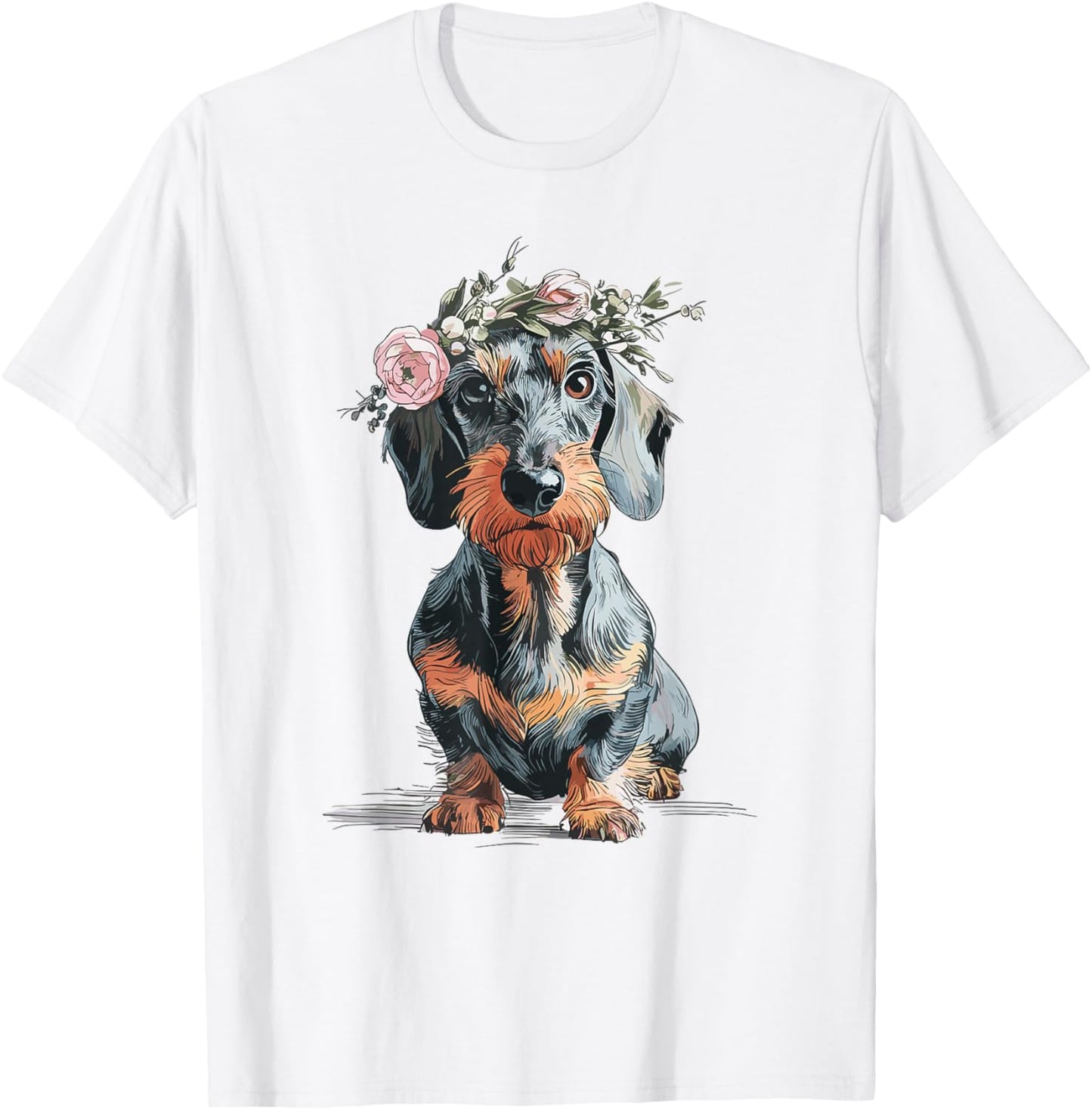Rauhaardackel Dachshund Flowers Teckel Dog Hunting Dog Funny , White, S T-Shirt - T-Shirt | White