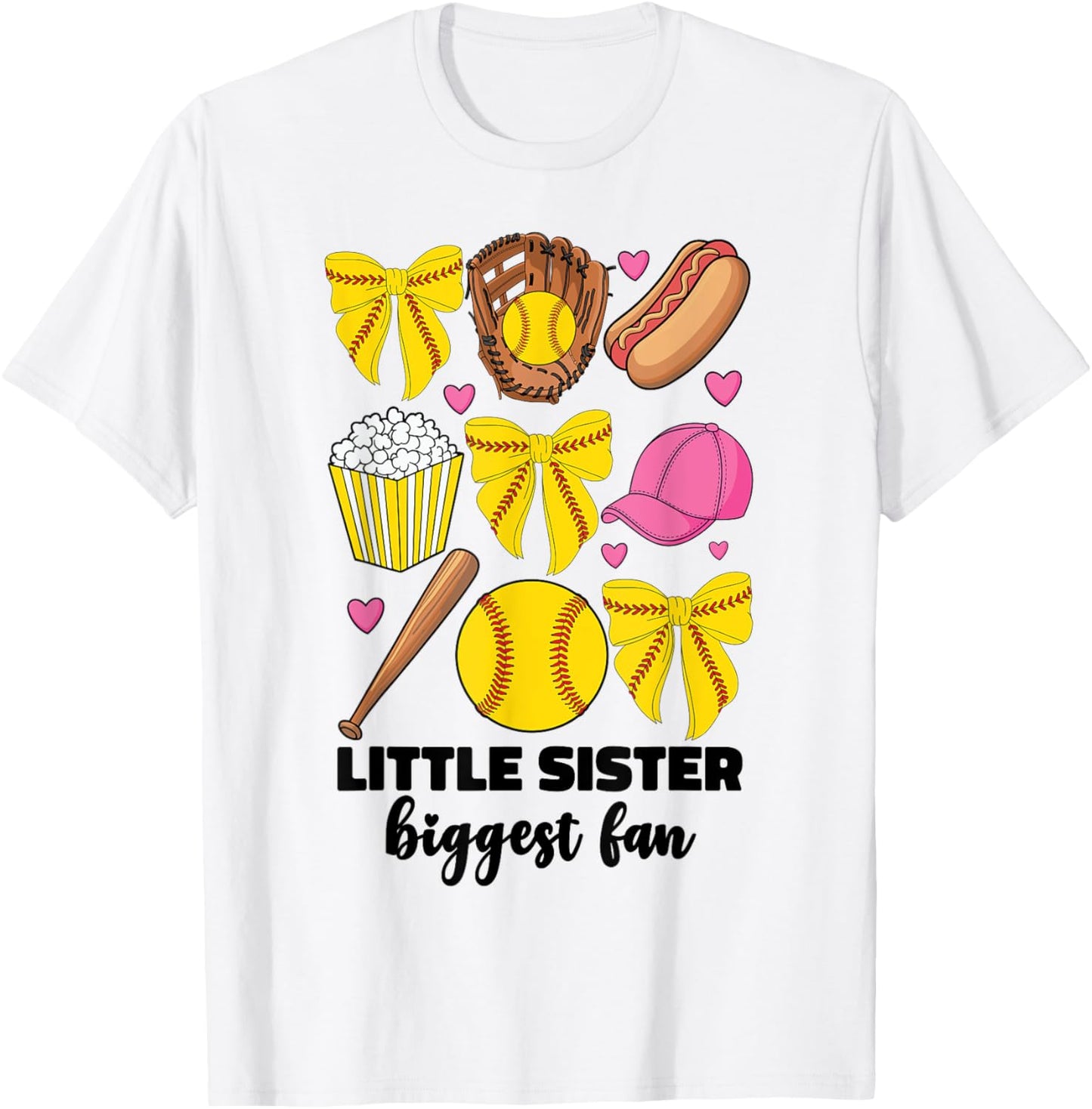 Little Sister Biggest Fan Softball Teen Girls Coquette Bow T-Shirt - T-Shirt | White