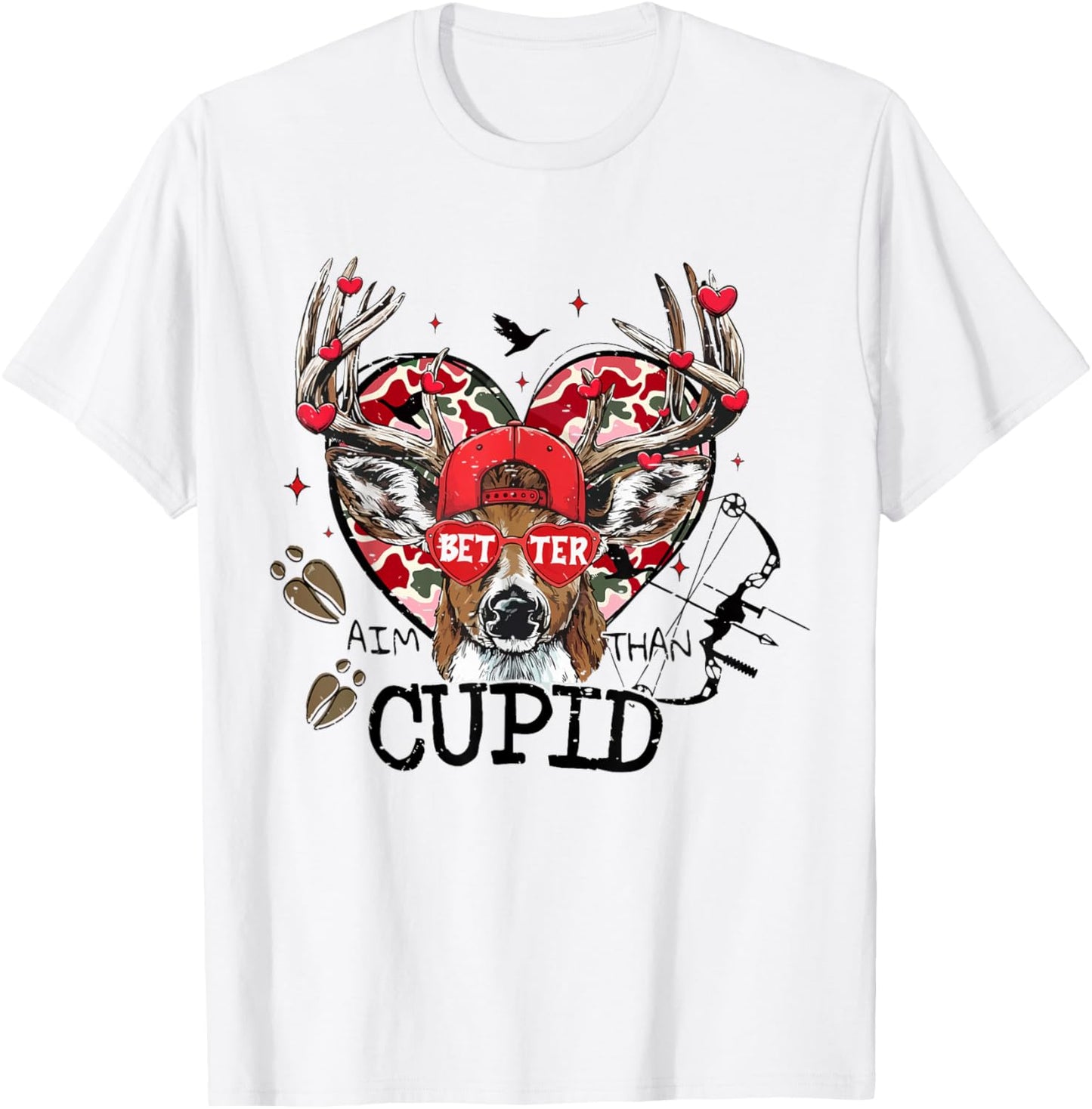 Vintage Better Aim Than Cupid Deer Camo Hunting Valentine T-Shirt - T-Shirt | White