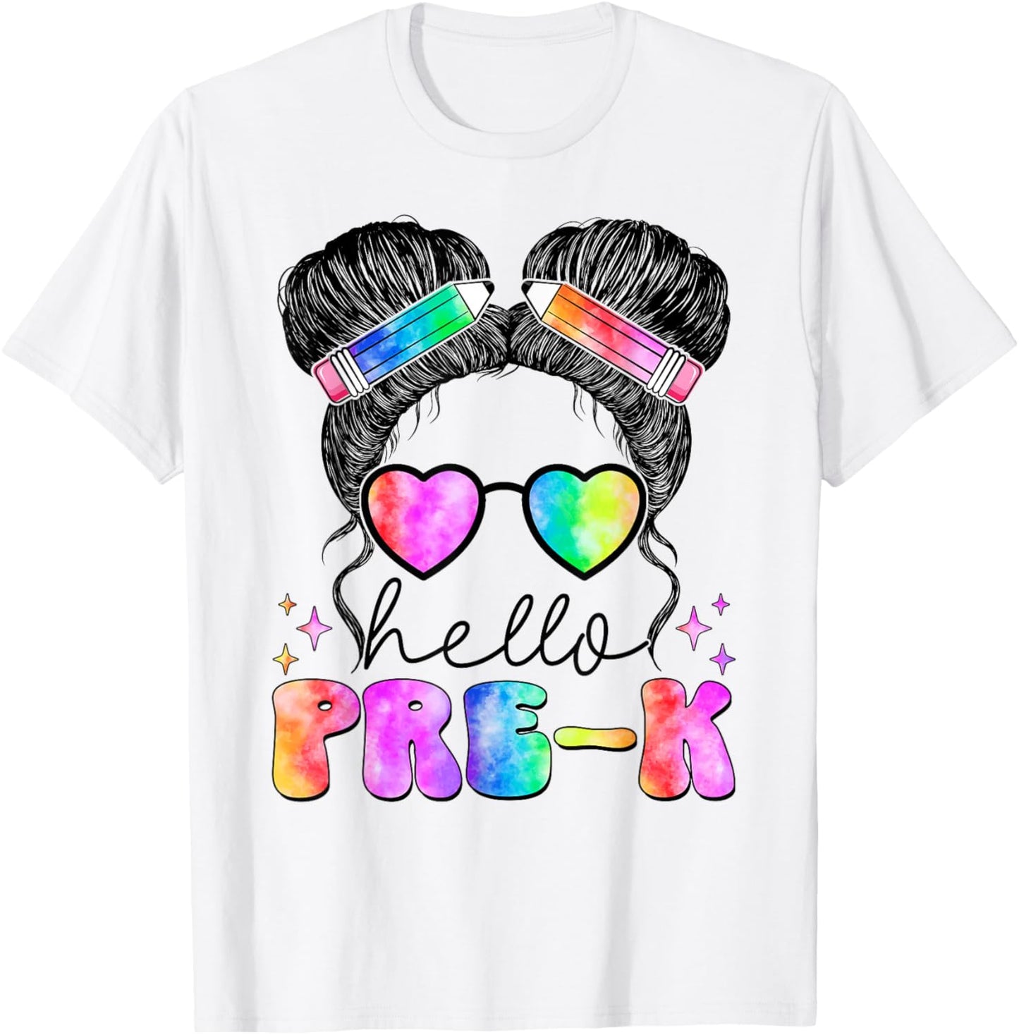 Messy Hair Bun Girl Back To School First Day Hello Pre K T-Shirt - T-Shirt | White