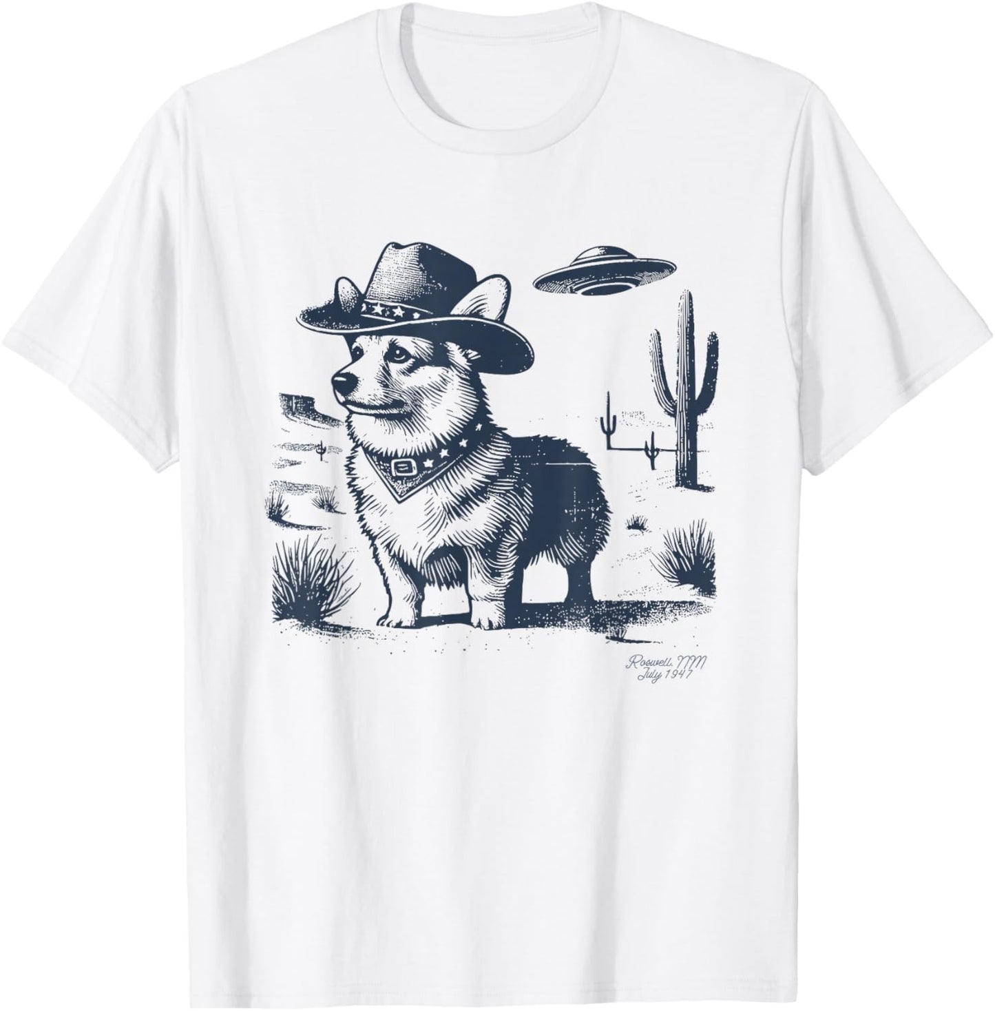 Corgi Cowboy, UFO Corgi Cowboy Hat, Corgi Mom, Corgi Dad T-Shirt - T-Shirt | White