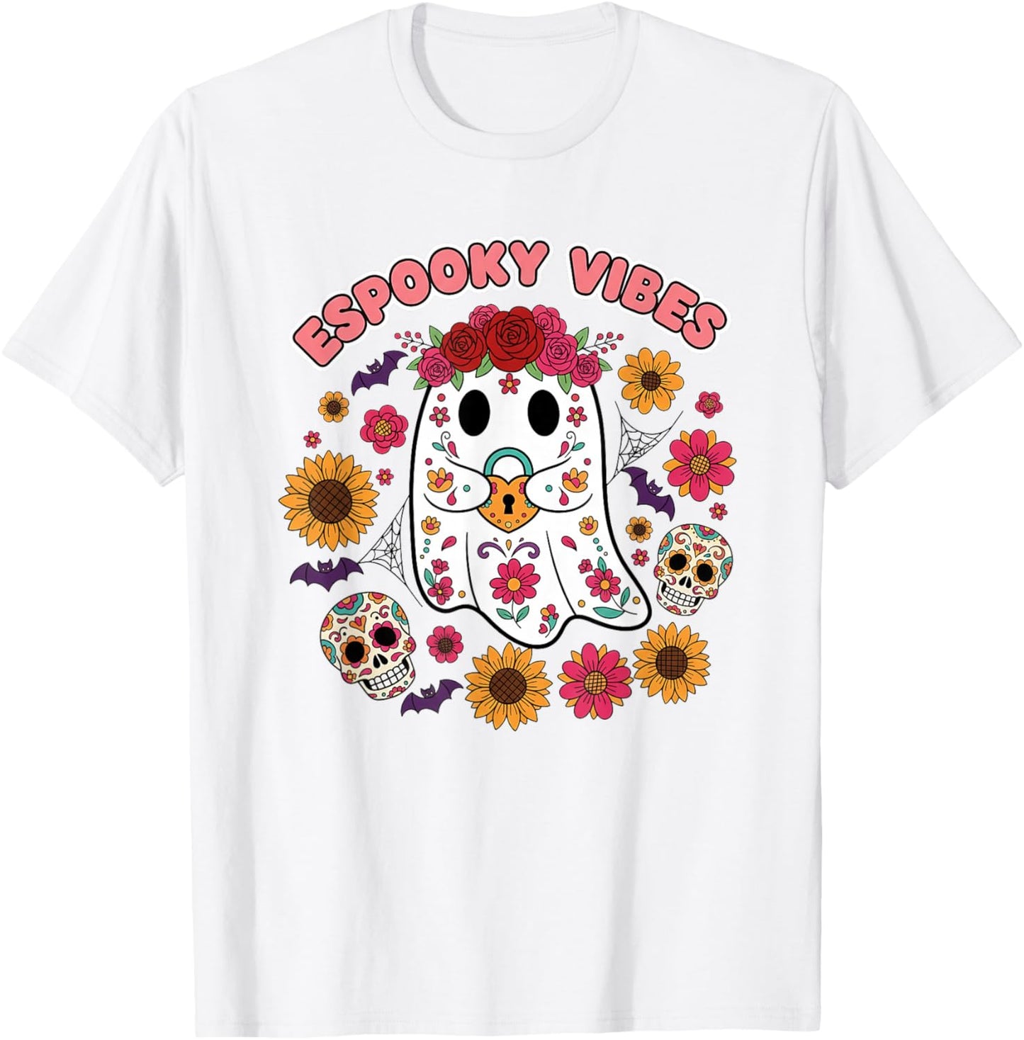 Espooky Vibes Halloween Floral Ghost Day of The Dead Mexican T-Shirt - T-Shirt | White