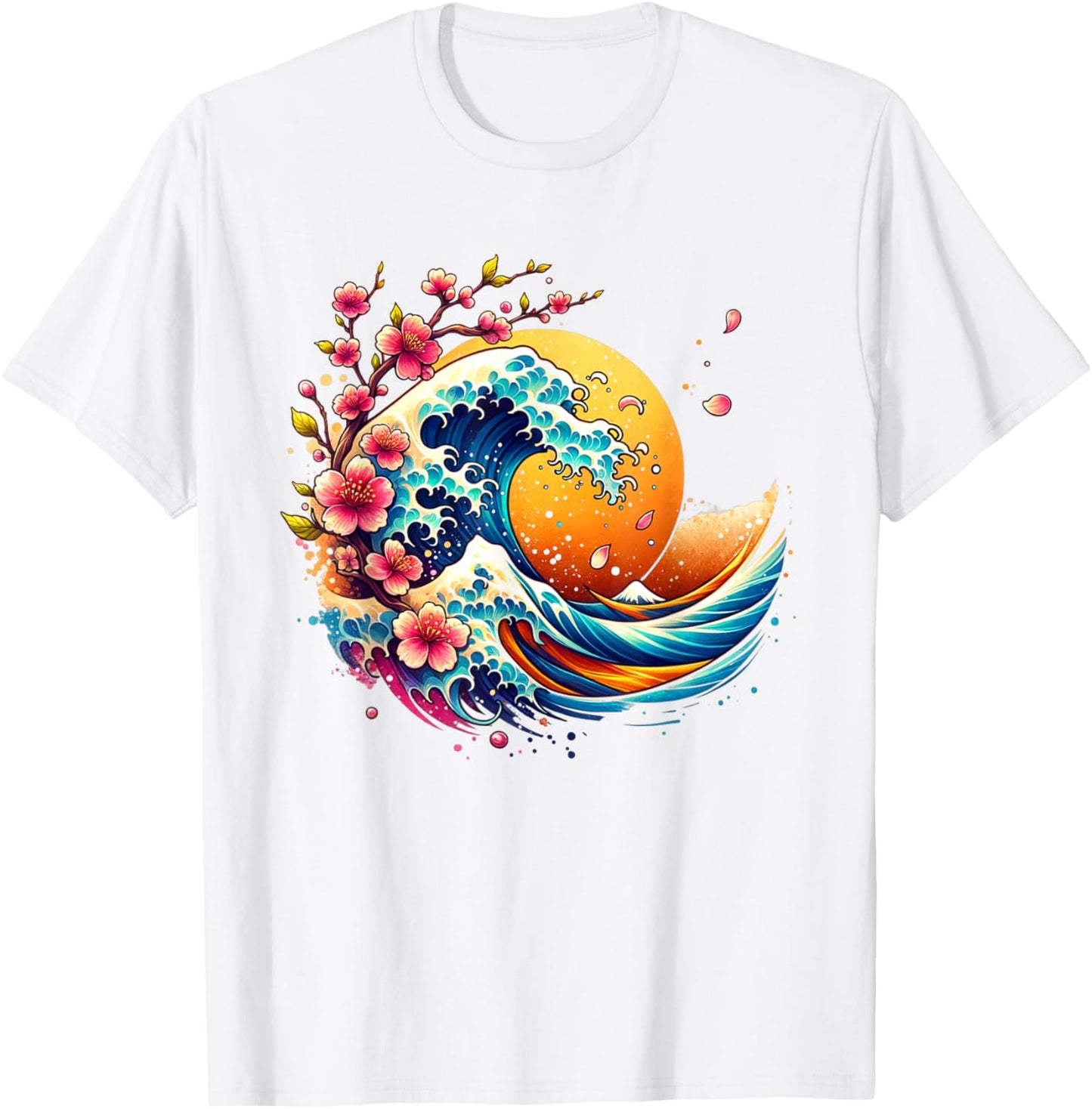 Japanese Great Wave Cherry Blossom Art Japanese Graphic T-Shirt - T-Shirt | White