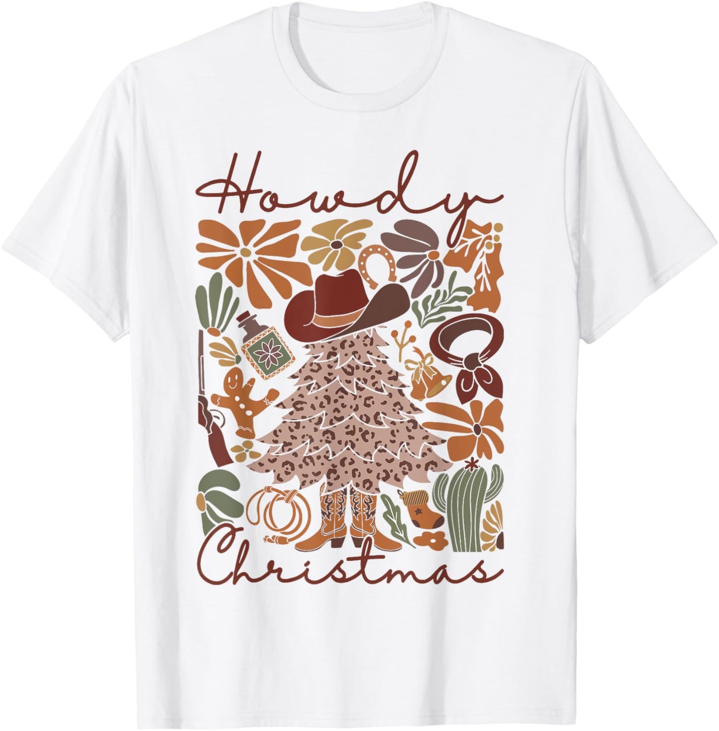 Western Santa Hat Howdy Christmas Tree Boho Flower Cowboy T-Shirt - T-Shirt | White