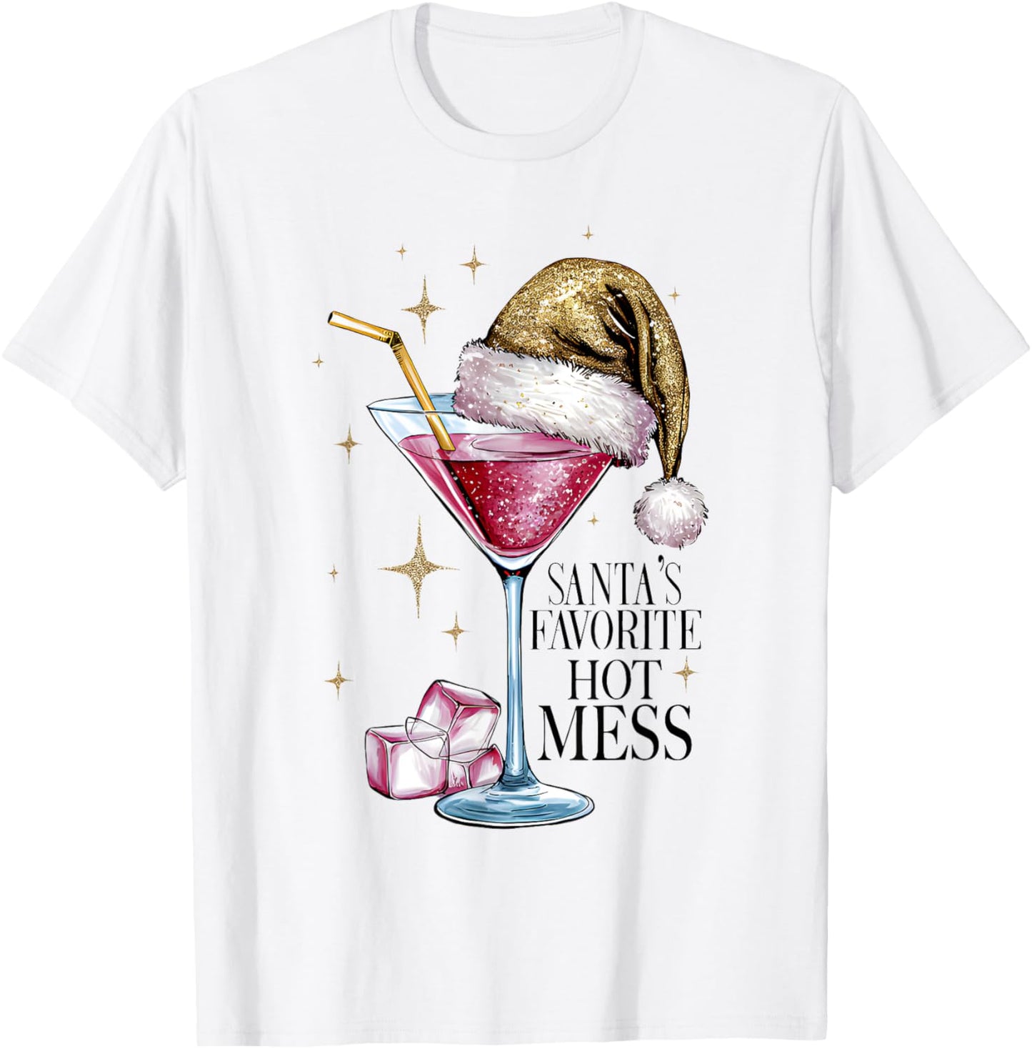 Women Santa's Favorite Hot Mess Christmas Pink Margarita T-Shirt - T-Shirt | White
