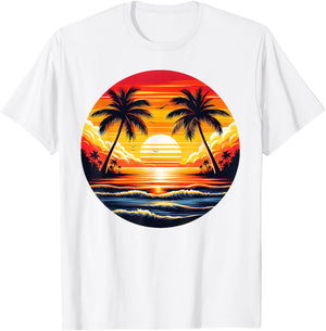 Vintage Beach Sunset Palm Tree 70s 80s Summer Vacation Retro T-Shirt - T-Shirt | White