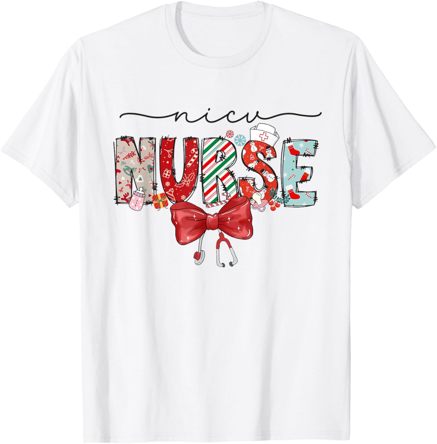NICU Nurse Christmas Coquette Bow Holiday NICU Crew Team T-Shirt - T-Shirt | White