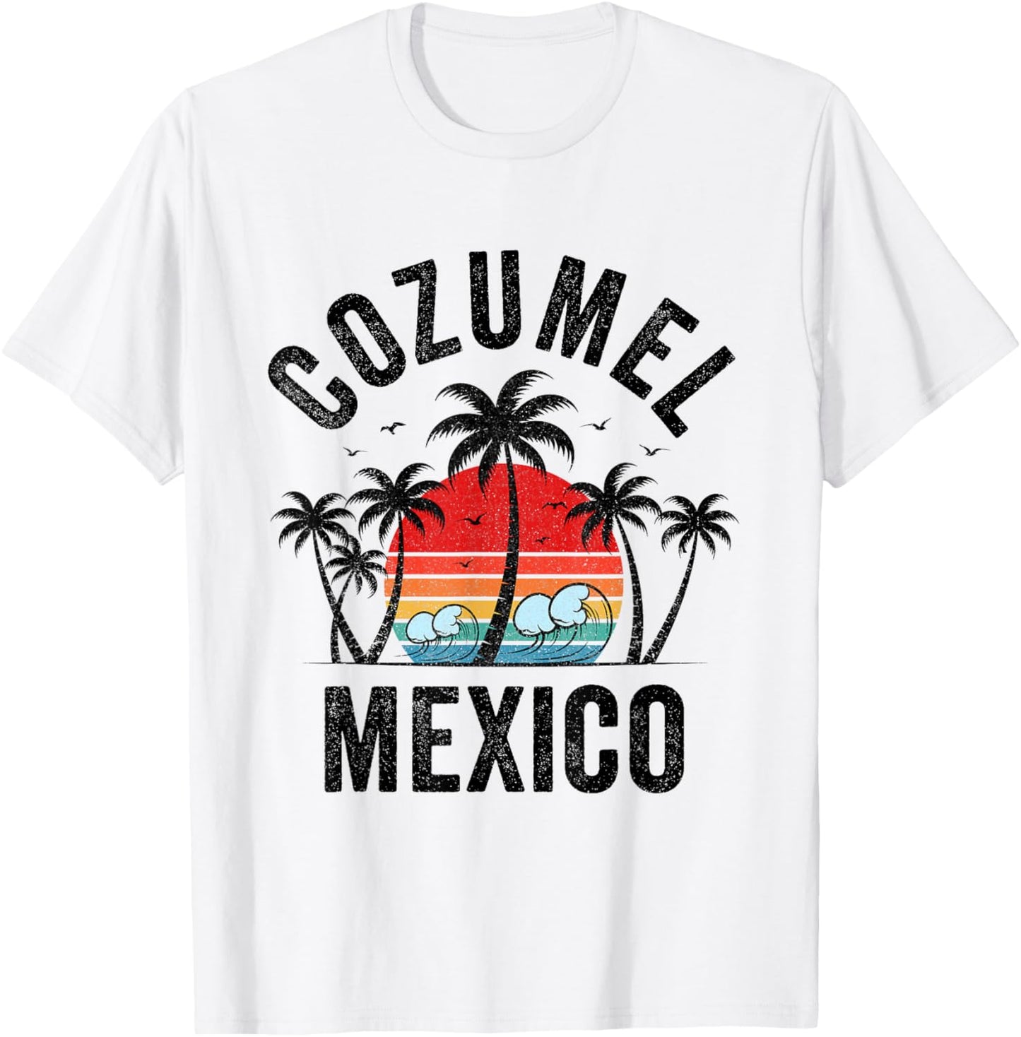 Cozumel Mexico Beach Palm Trees Sunset Surf Vintage Men Women Girls Kids T-Shirt - T-Shirt | White