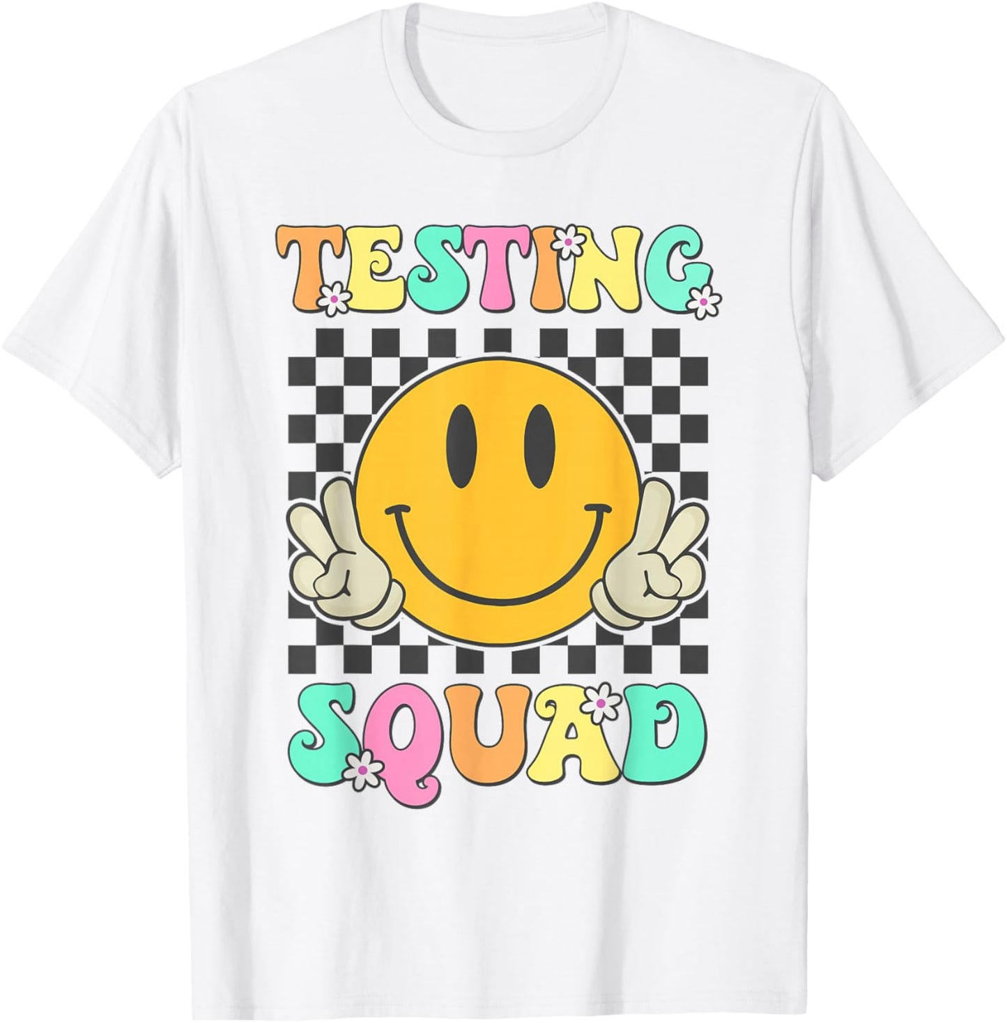 Retro Groovy Testing Squad Test Day Smile Face Girl Teen Kid T-Shirt - T-Shirt | White