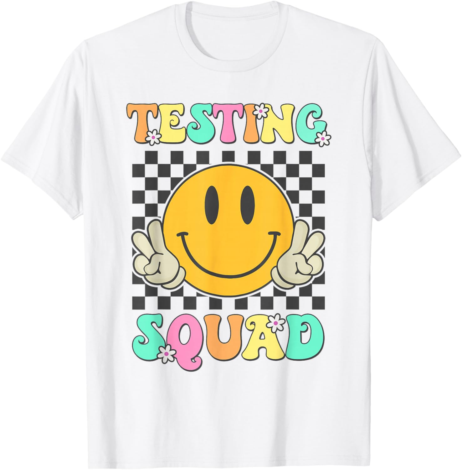 Retro Groovy Testing Squad Test Day Smile Face Girl Teen Kid T-Shirt - T-Shirt | White