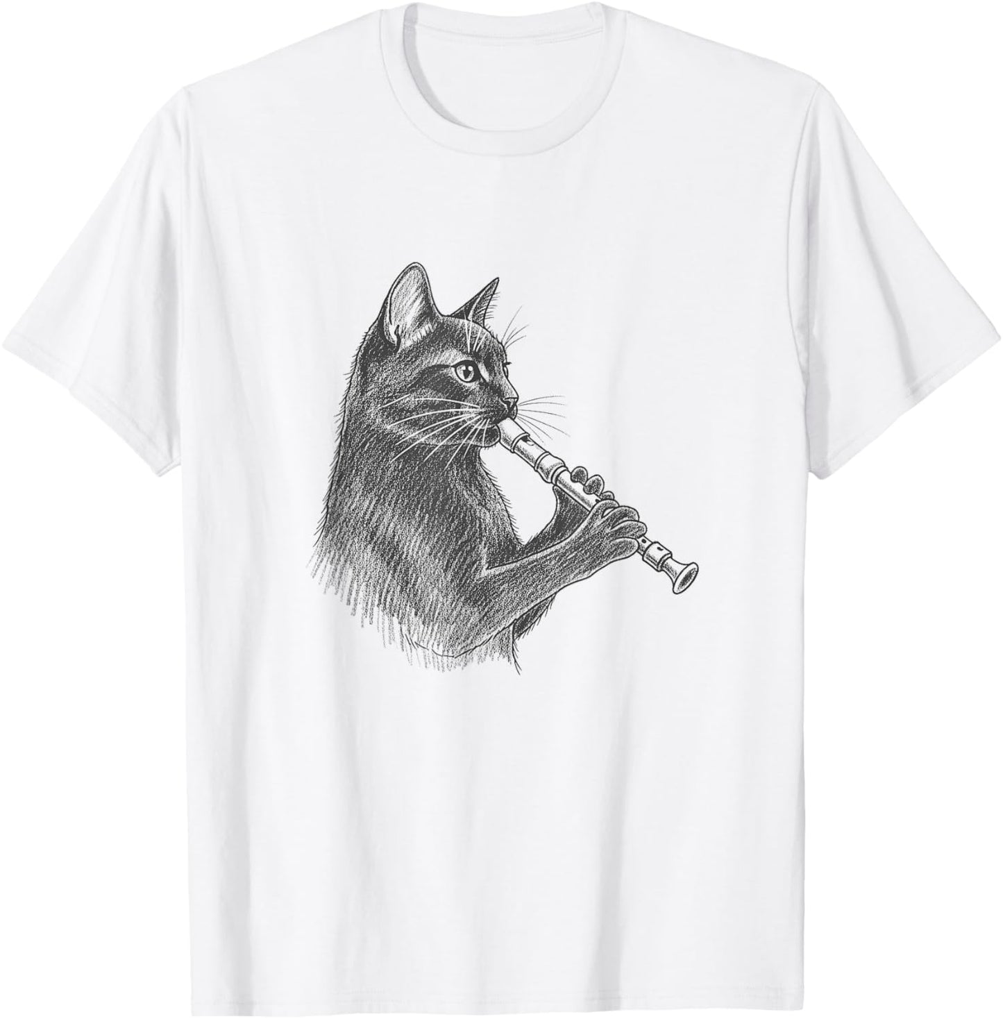 Cat Playing Recorder Sketch Art Design T-Shirt - T-Shirt | White