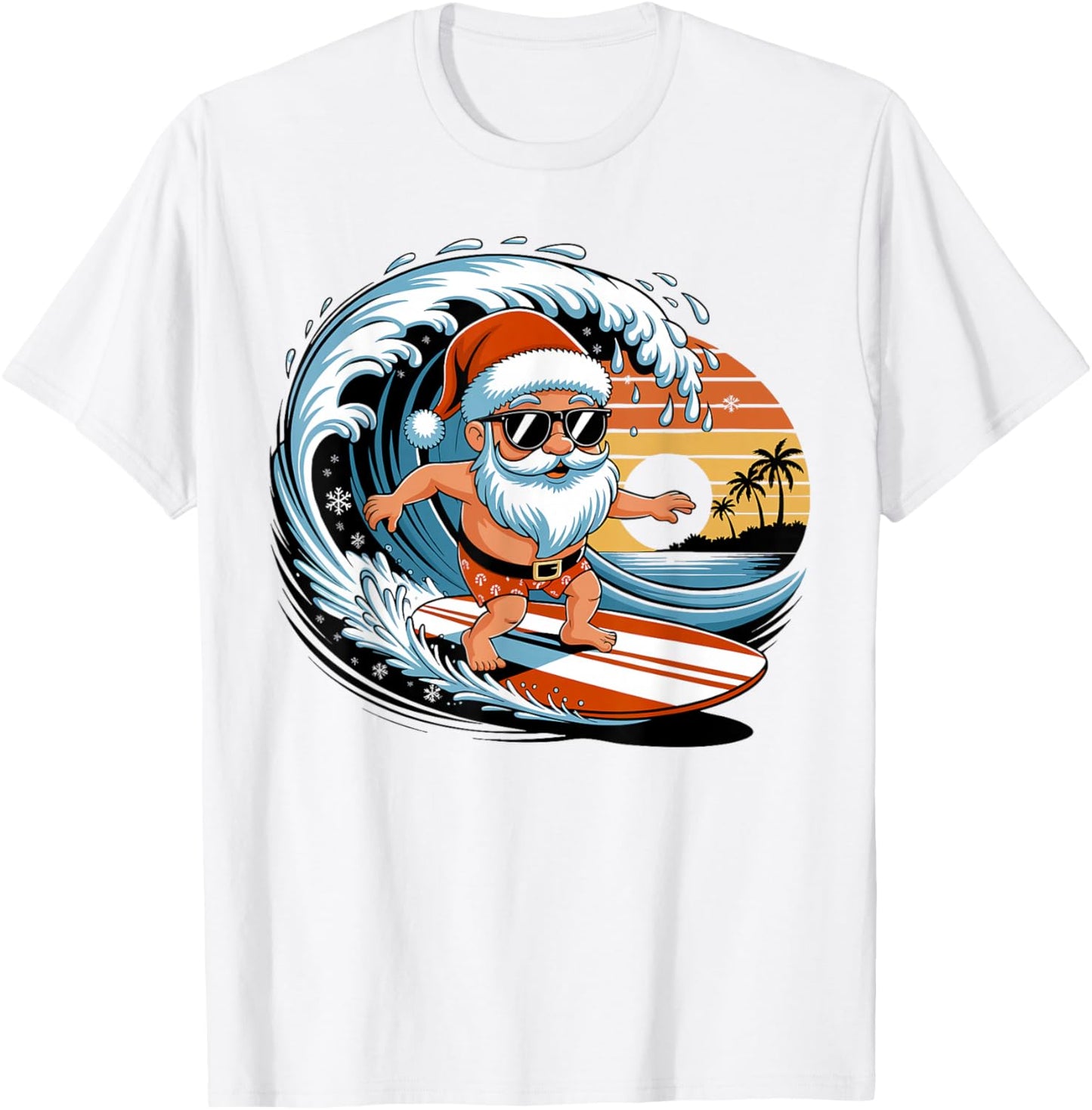 Santa Surfing Hawaiian Beach Christmas in July Tropical Xmas T-Shirt - T-Shirt | White