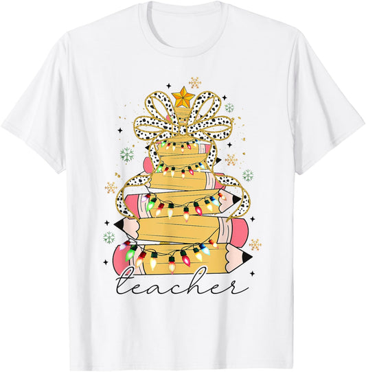 Teacher Crayon Christmas Tree Lights Student School Xmas T-Shirt - T-Shirt | White