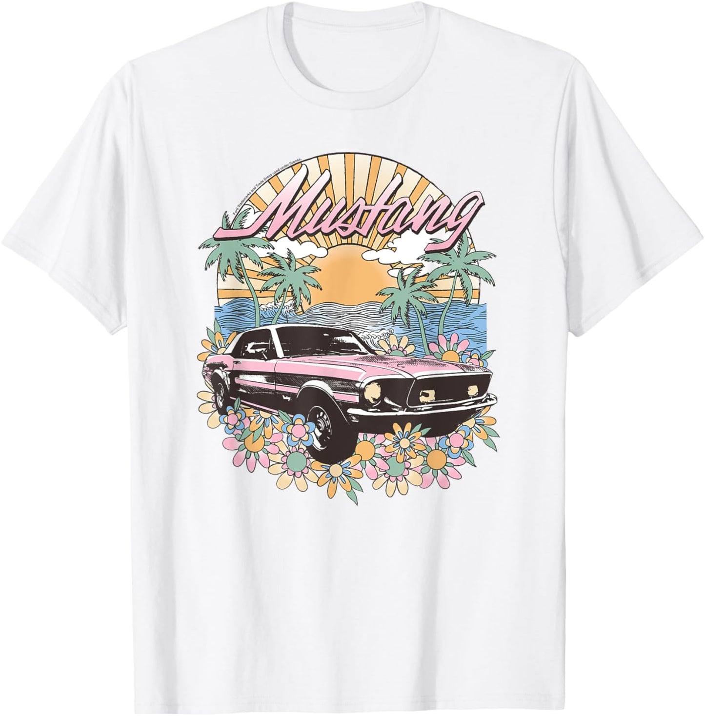 Ford – Vintage Pink Mustang Floral Beach Sunset Palmen T-Shirt - T-Shirt | White