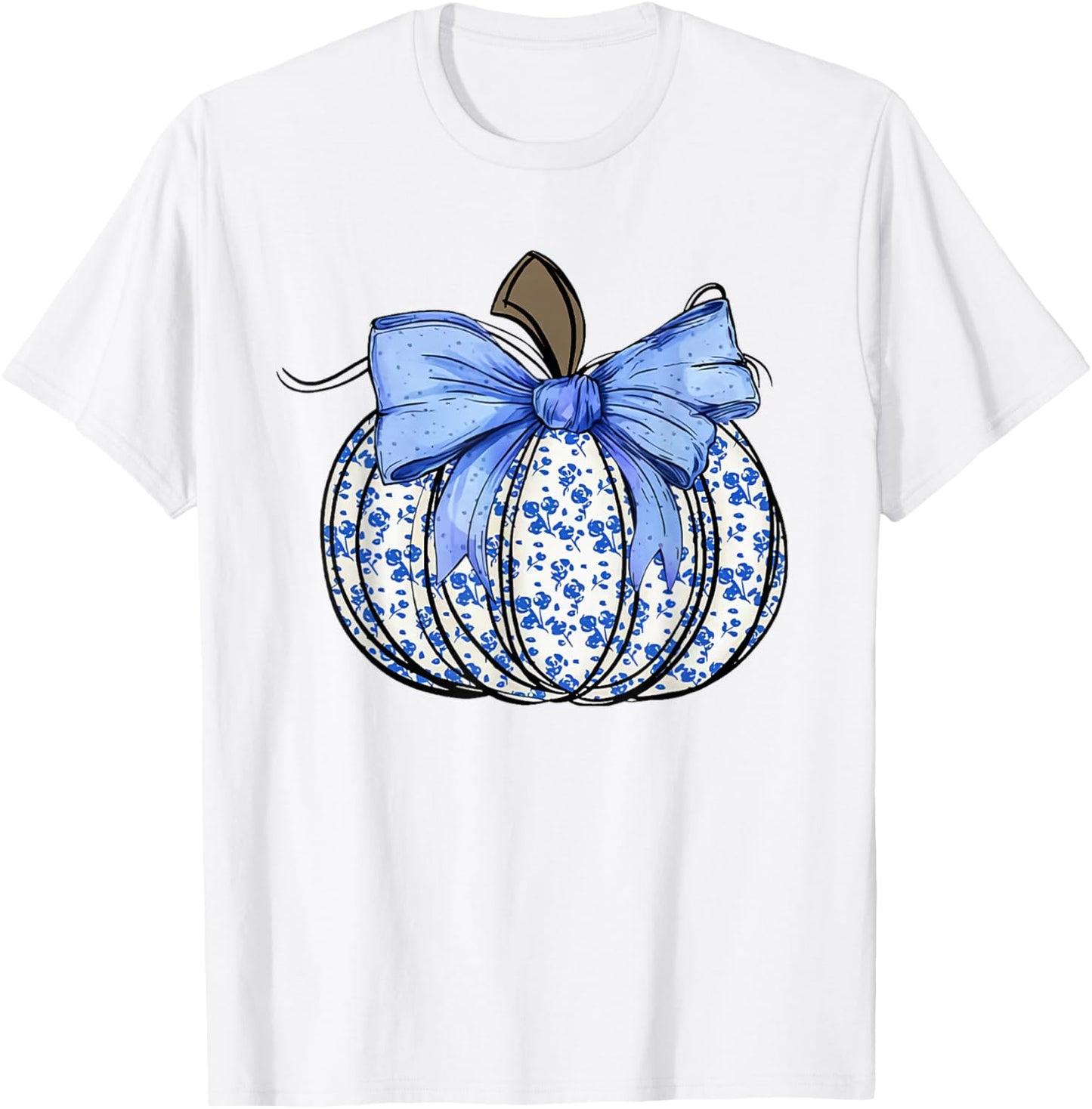 Retro Coquette Bow Blue Floral Pumpkin Halloween Autumn Fall T-Shirt - T-Shirt | White