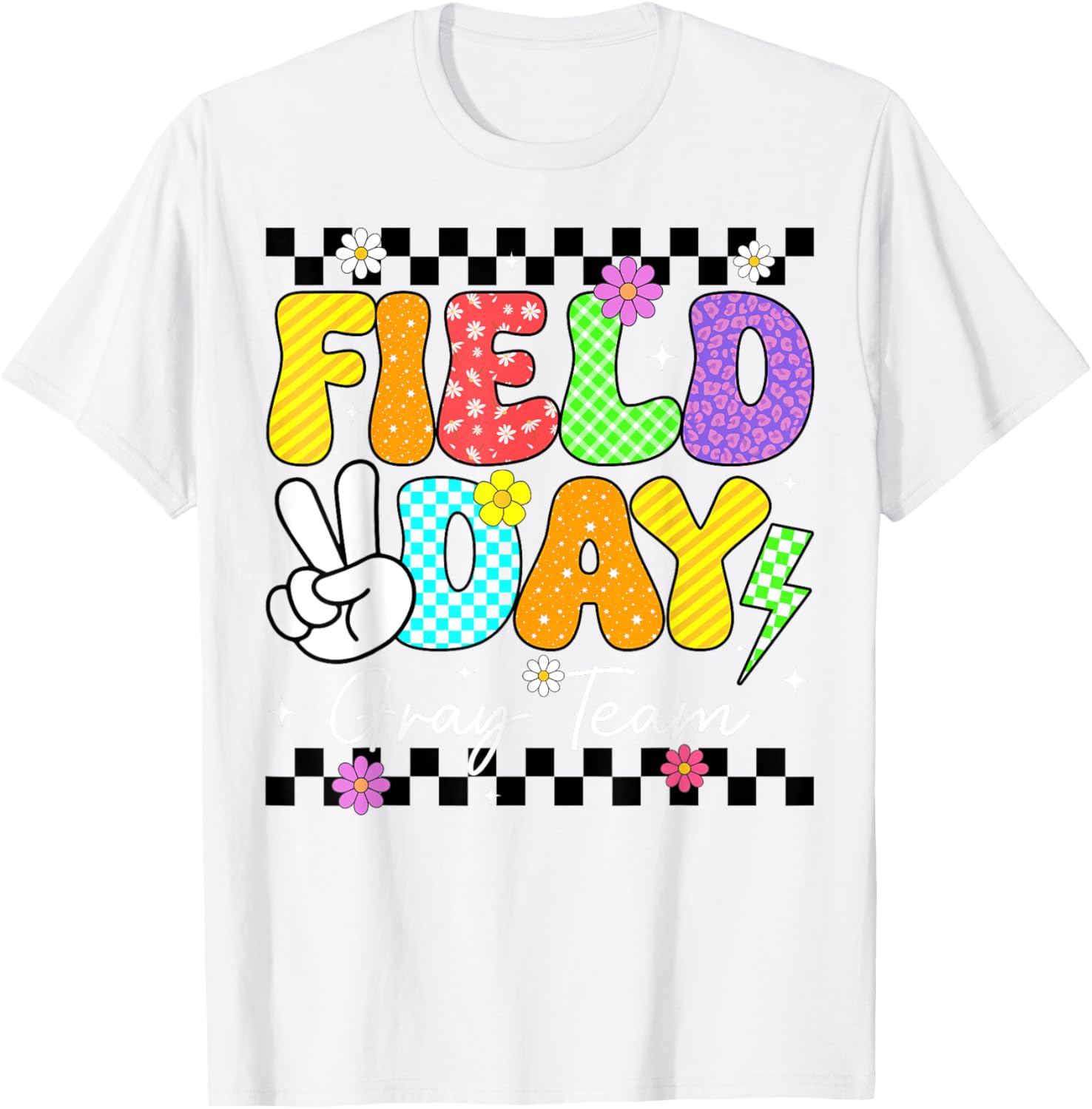 Groovy Field Day Gray Team Peace Lightning Teacher Kid T-Shirt - T-Shirt | White