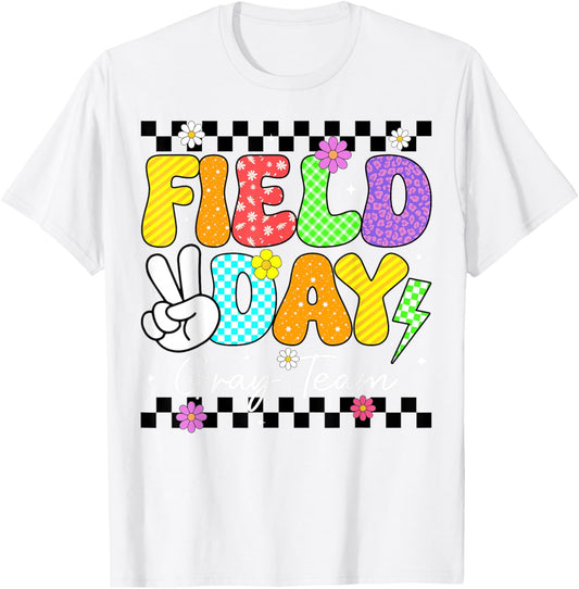 Groovy Field Day Gray Team Peace Lightning Teacher Kid T-Shirt - T-Shirt | White