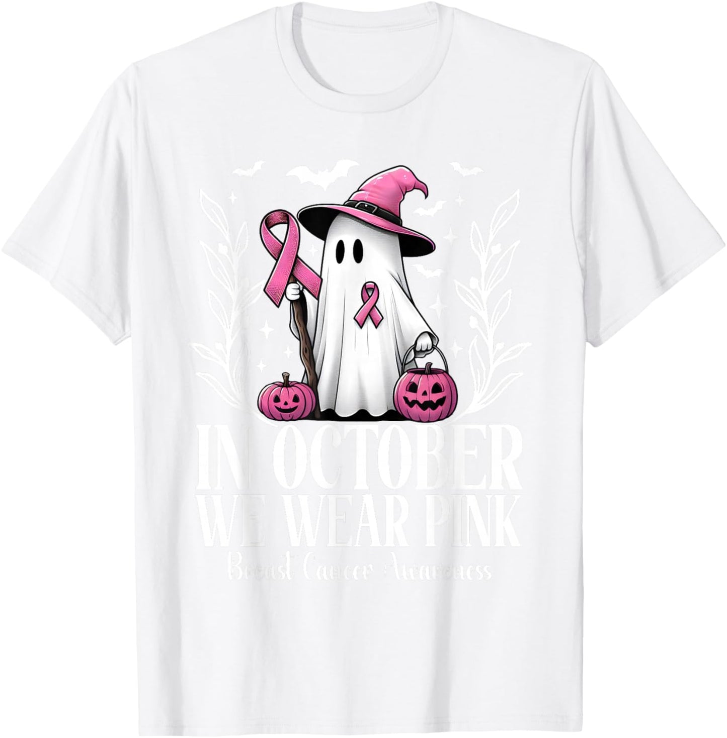 In October We Wear Pink Breast Cancer Ghost Witch Halloween T-Shirt - T-Shirt | White