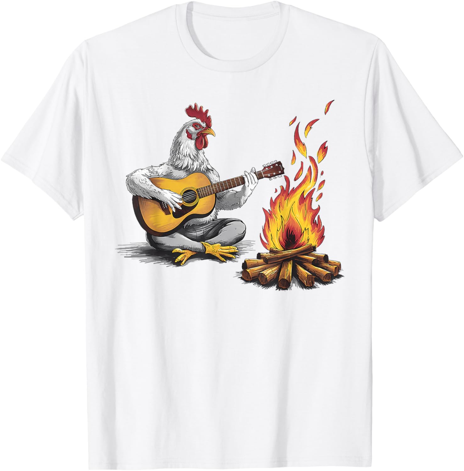Funny graphic design Chicken Playing Guitar with Campfire T-Shirt - T-Shirt | White