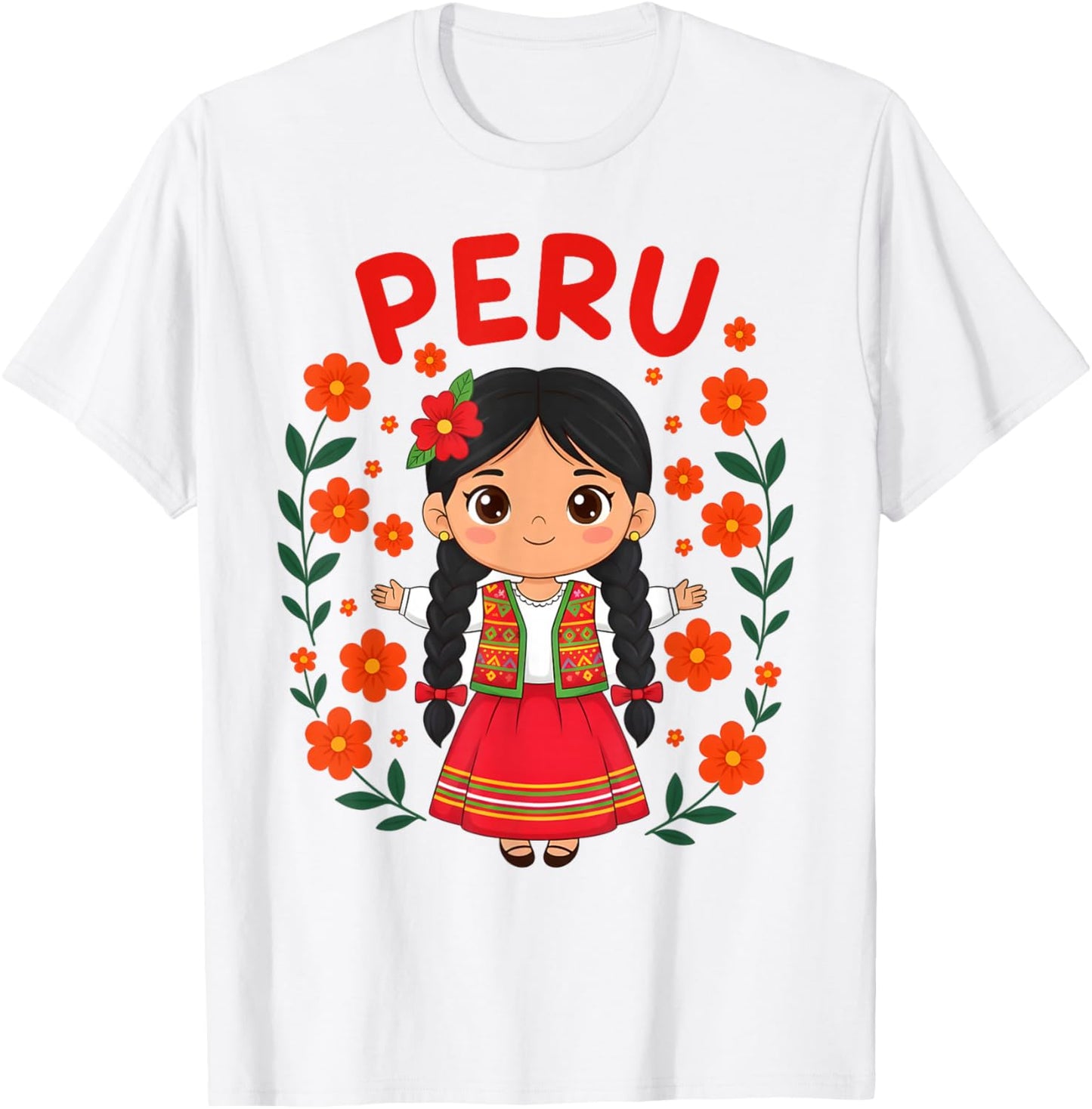 Cute Peru Girl Traditional Dress Colorful Flowers Girls Kids T-Shirt - T-Shirt | White