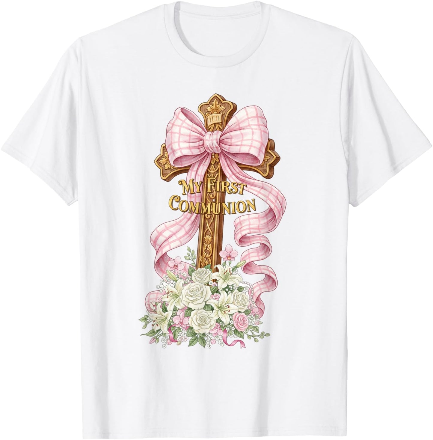 My First Communion Girls Coquette Bow Pink Cross Eucharist T-Shirt - T-Shirt | White