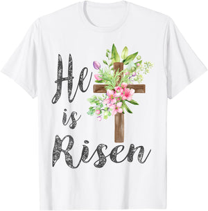 He is Risen Jesus Christian Easter Floral Wreath Women Girls T-Shirt - T-Shirt | White