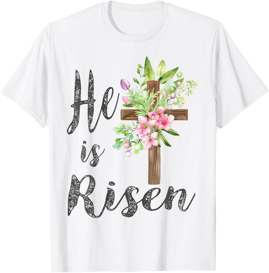 He is Risen Jesus Christian Easter Floral Wreath Women Girls T-Shirt - T-Shirt | White
