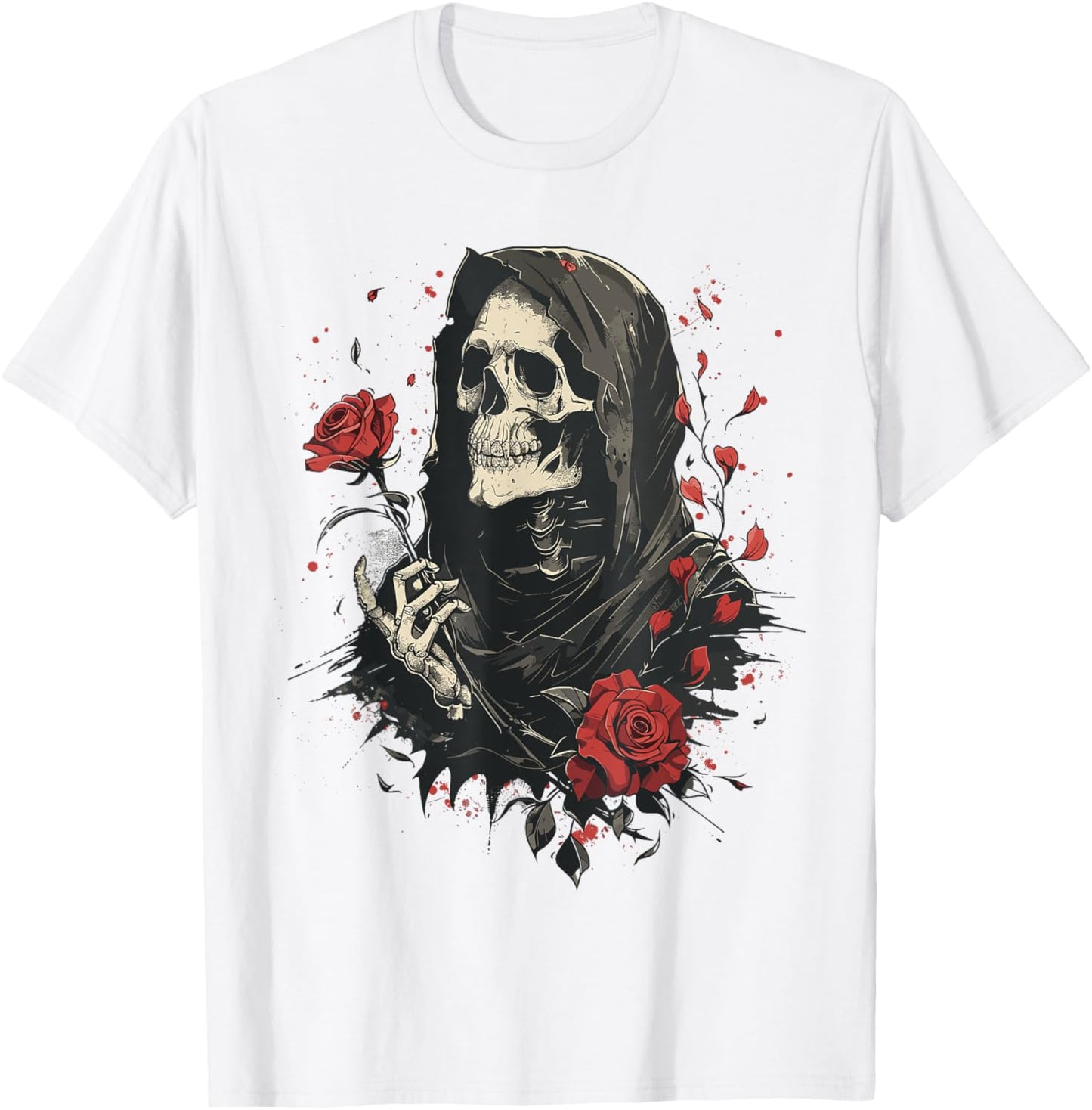 Gothic Skeleton holding a Rose, Vintage Floral Halloween T-Shirt - T-Shirt | White