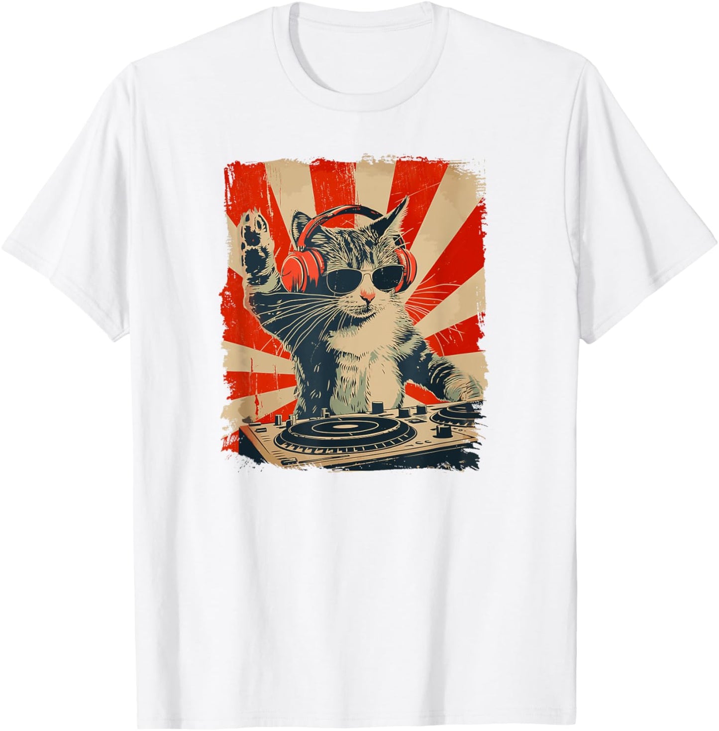 Funny DJ Cat Disco Sound Tech Headphone Music T-Shirt - T-Shirt | White